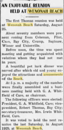 Wenona Beach Amusement Park (Wenona Beach, Wenonah Park) - Aug 31 1928 Article